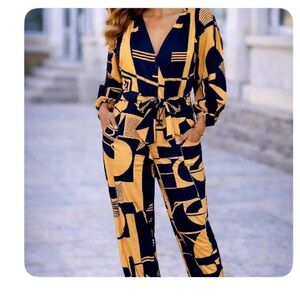 Abstract Print Jumpsuit in Navy and Gold